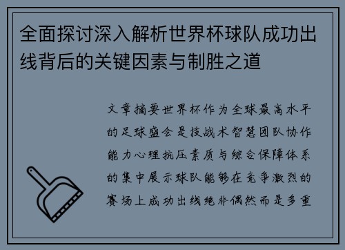 全面探讨深入解析世界杯球队成功出线背后的关键因素与制胜之道